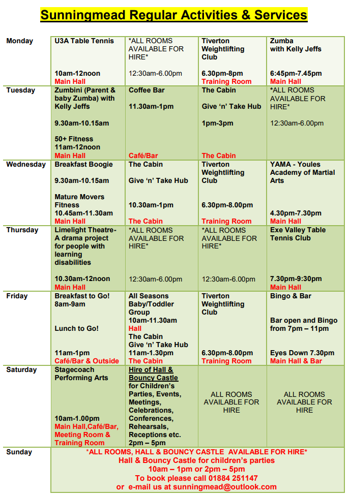 activities timetable Nov 2