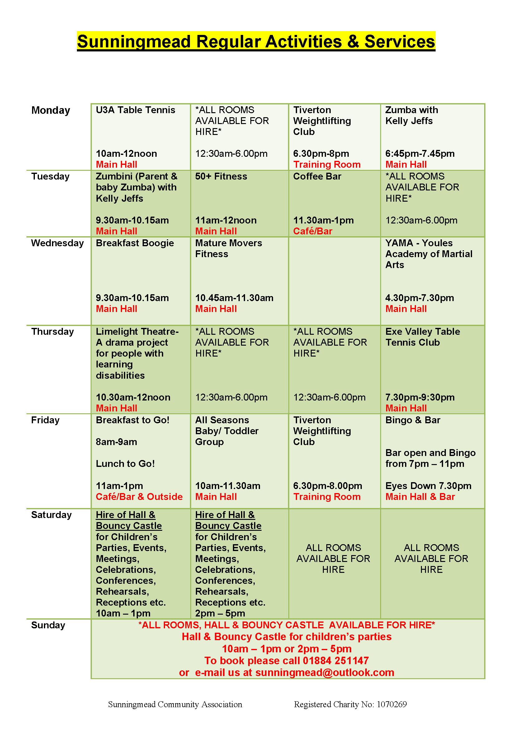 timetable of activities