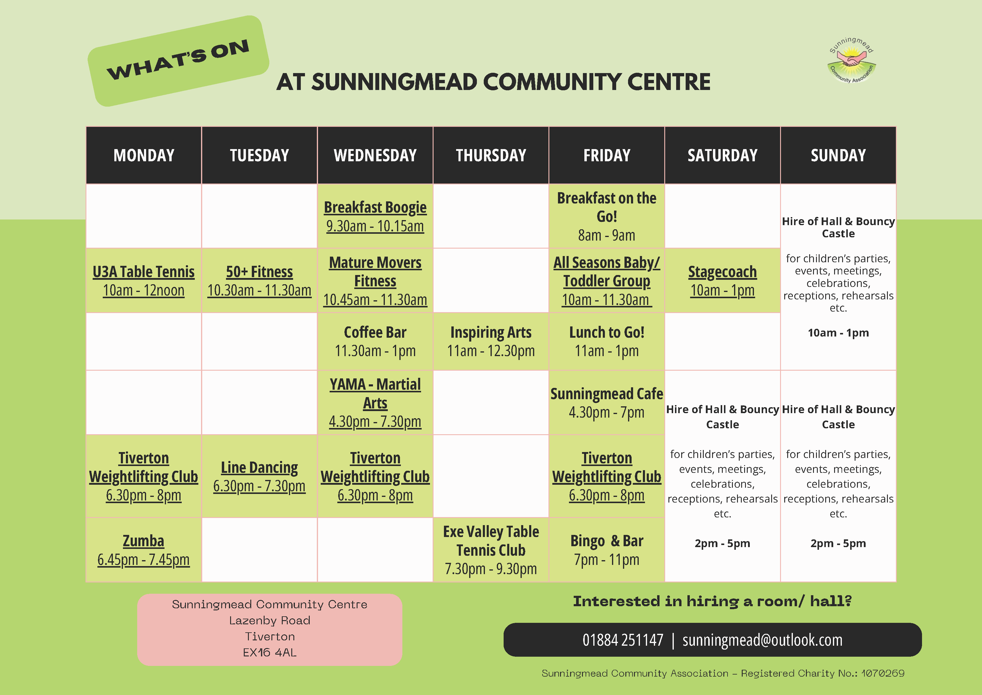 Regular Activities, sunningmead community centre